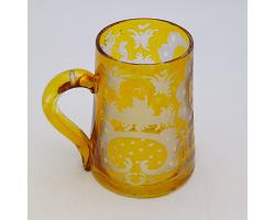 Antique Amber Overlay Glass Etched Mug - Ship Deer & Dog (#59566)