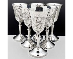 Set Of 6 Gleaming Silver Plated Liquer / Sherry Goblet Glasses (#59898)