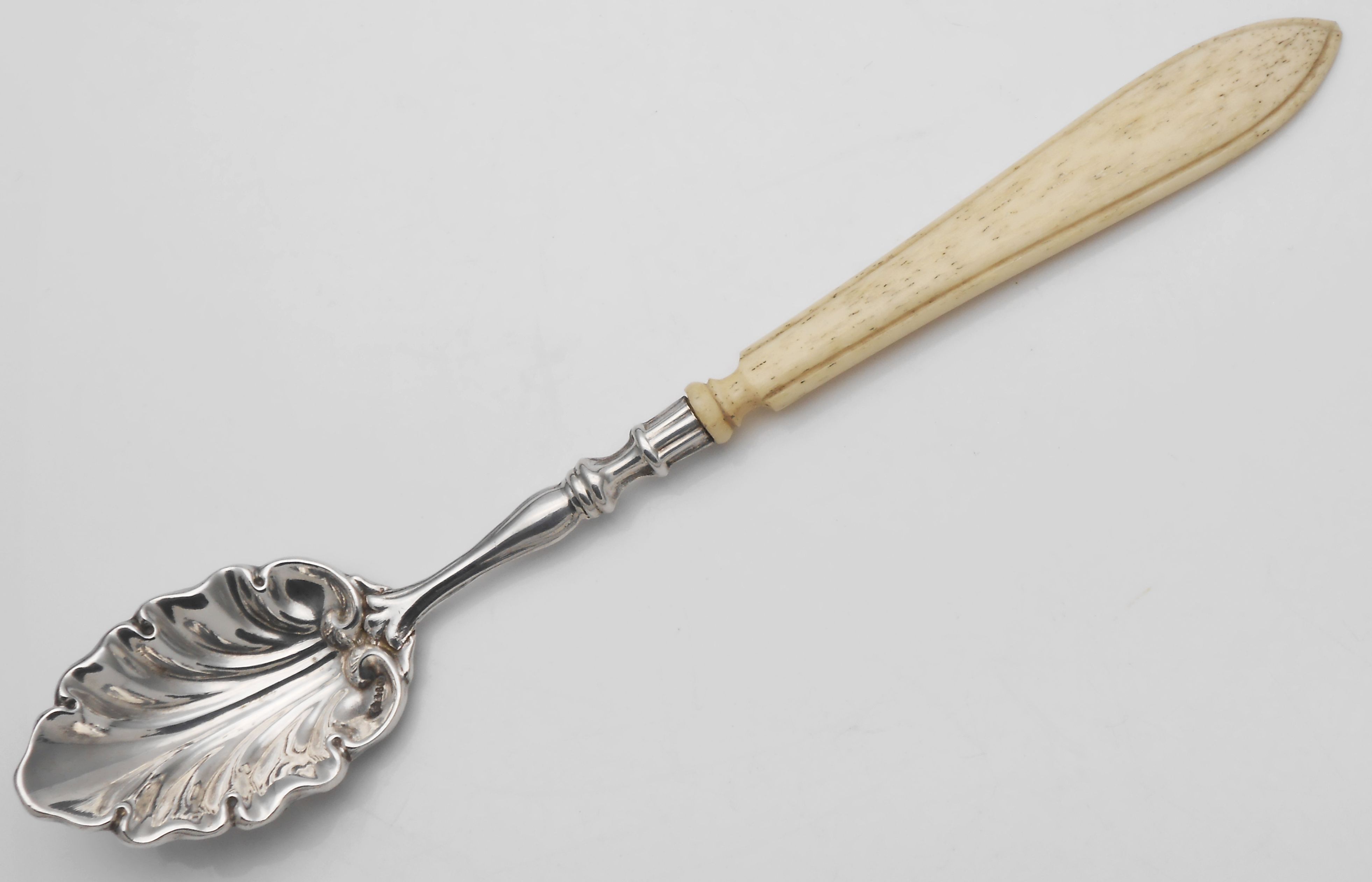 LOVELY ANTIQUE JAM / PRESERVE SPOON BONE HANDLED 800 SOLID SILVER