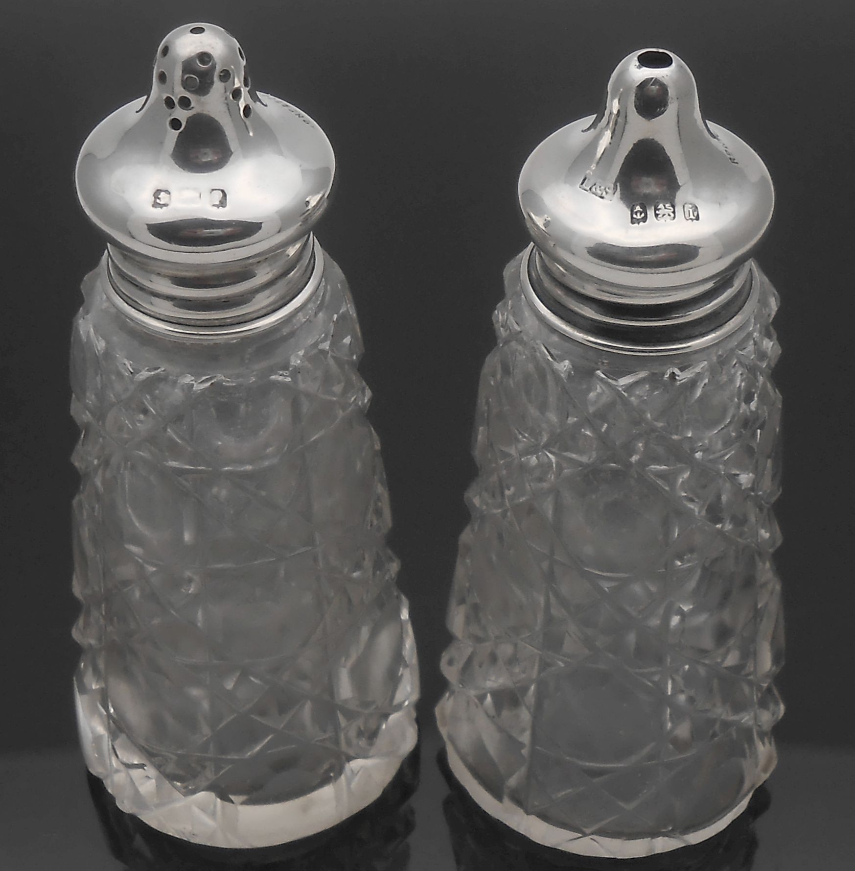 STERLING SILVER HOBNAIL CUT GLASS SALT & PEPPER POTS BIRMINGHAM 1908