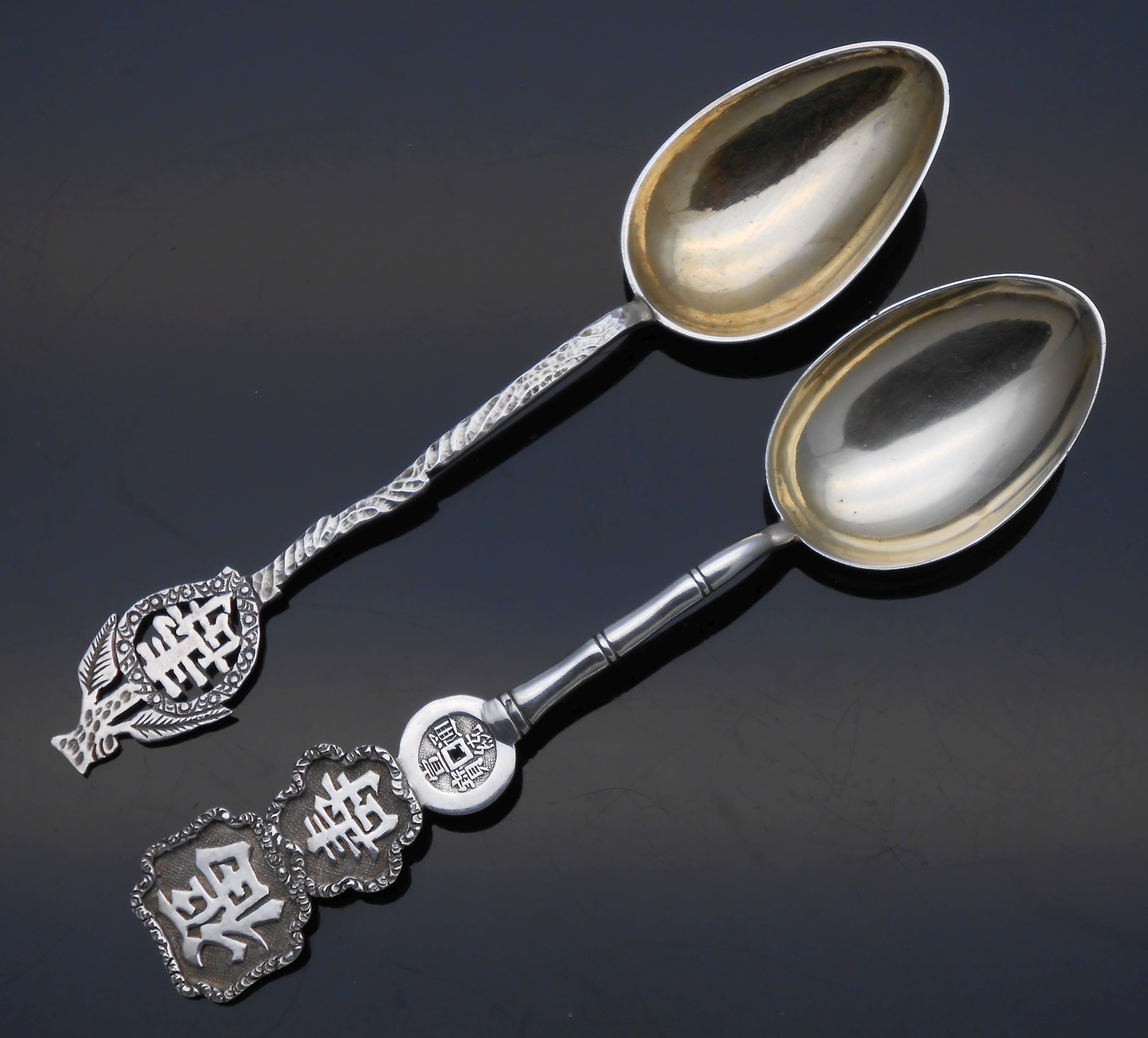 2X ANTIQUE CHINESE EXPORT SILVER CHARACTER SPOONS SOLID SILVER
