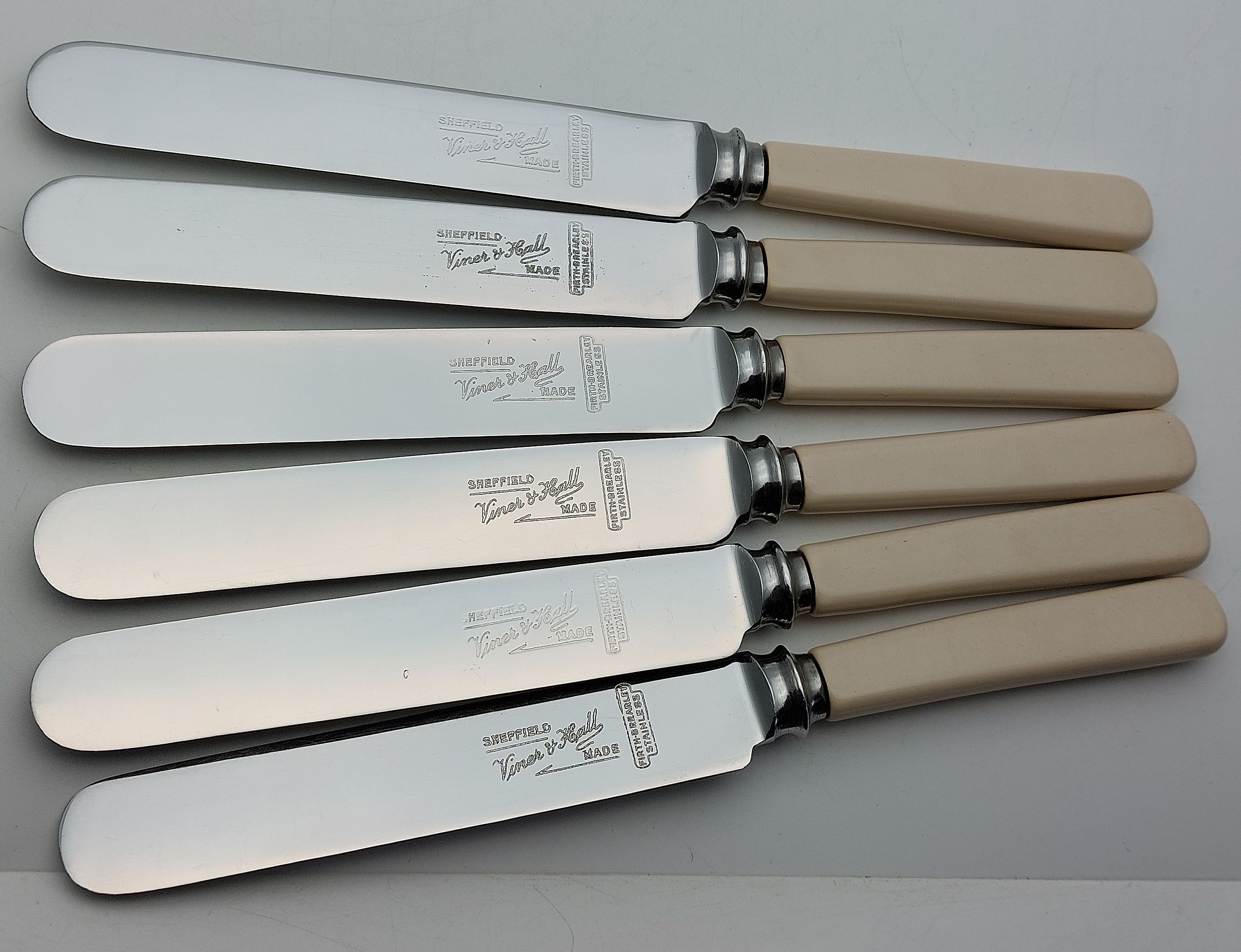 FAUX BONE HANDLE PALETTE DESSERT KNIVES VINER & HALL SHEFFIELD CUTLERY