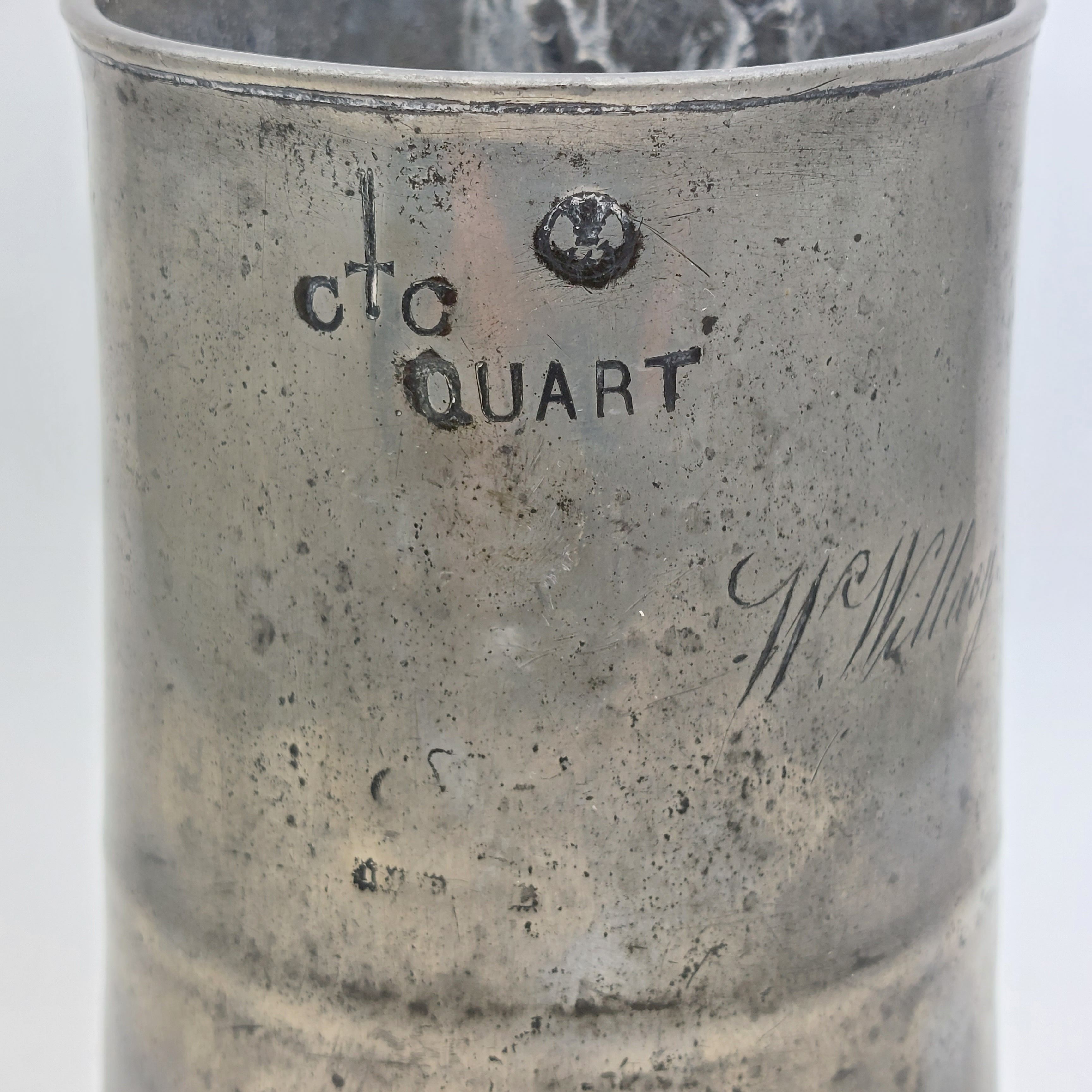 ANTIQUE PEWTER BEER MUGS TANKARDS INCL BEWDLEY ICC QUART, G&C PINT etc