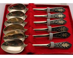 Vintage Thai Bronze & Black Enamel Boxed Coffee Spoons (#57293)