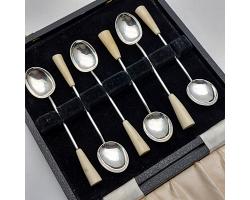 Unusual Stag Antler & Sterling Silver Coffee Spoons - Birmingham 1931 - Vintage (#58709)