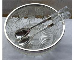 Large Glass & Silver Plated Salad Bowl With Servers - Vintage (#58826)