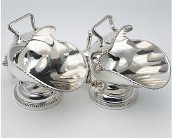 Pair Of Coal Scuttle Sugar Bowls With Scoops - Silver Plated - Vintage (#58847)