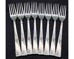 Smith Seymour Rose Garden 8x Fish Forks - Silver Plated - Vintage (#58888)