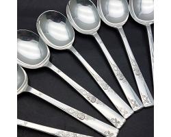 Smith Seymour Rose Garden 8x Soup Spoons - Silver Plated - Vintage (#58889)