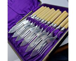 Antique Fish Cutlery Set - Silver Plated - Sterling Ferrules Sheffield 1910 (#59256)