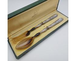 Antique Cased French Silver Plate Handled Salad Servers (#59379)
