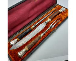 Victorian Large Stag Antler Handled Carving Set - Cased (#59414)