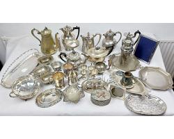 Bulk Lot Silver Plated Tableware Antique & Vintage Teapots Jugs Trays Etc (#59441)