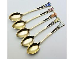 Norne Sterling Silver Gilt Enamel Coffee Spoons X5 - Vintage - Norwegian (#59456)