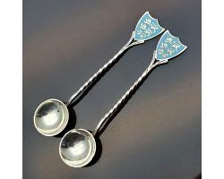 Pair Of 3 Lions Enamel Crest Sterling Silver Salt Spoons 1901 Antique (#59468)