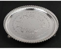 Initial 'h' Silver Plated Bright Cut Waiter / Drinks Tray - Victorian - Antique (#59492)