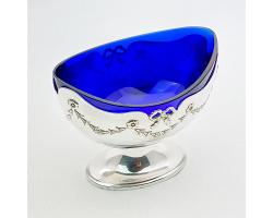 Lovely Silver Plated & Blue Glass Sugar Bowl - Sheffield - Antique (#59499)