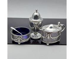 Lovely Swags & Bows Sterling Silver Cruet Set - London 1902 - Antique (#59513)