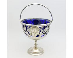 Victorian Silver Plated & Blue Glass Sugar Basket Bowl Antique (#59516)