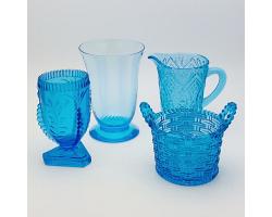 Pressed & Blown Blue Glass Vases Jugs Basket X4 - Antique & Vintage (#59579)