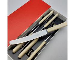 Walker & Hall Faux Bone Handle Steel Dinner Knives Set #1 Boxed Vintage Cutlery (#59625)