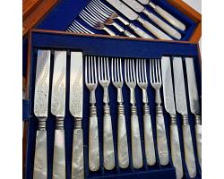 24pc Mother Of Peal Handle Dessert Cutlery Set - Silver Plated 1860 - Antique (#59665)