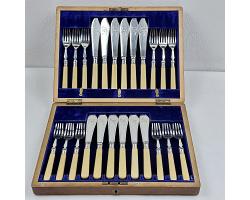 24pc Antique Silver Plated Faux Bone Handled Fish Cutlery Set - Sheffield (#59674)