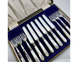 Mother Of Pearl Handle Fruit Dessert Cutlery Set Silver Plated Sheffield 1927 (#59775)