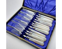 Superb Mother Of Pearl Handle Dessert Cutlery Set - Silver Plated - Antique (#59827)