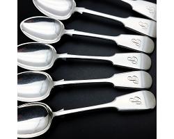Initial 'p' Set Of 6 Dessert Spoons - Fiddle Pattern - Silver Plated - Antique (#59843)