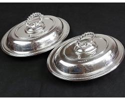 Pair Ornate Double Entrée Serving Dishes - Silver Plated - Antique (#59862)