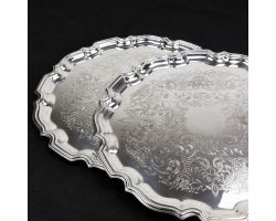 Quality Pair Of Large Chippendale Rim Chased Drinks Trays Silver Plated Vintage (#59869)