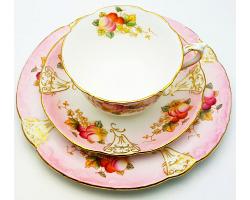 Pretty Victorian Tea Cup Trio Redfern & Drakeford Fruit On Pink / Cream Ground (#59957)