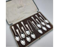 Initial 'w' 12x Sterling Silver Spoons & Tongs Set - Cased - 1920 Antique (#59987)