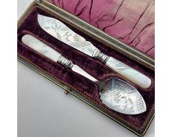 Beautiful Mother Of Pearl Silver Plated Jam & Butter Spoon Set Aesthetic Antique (#59995)