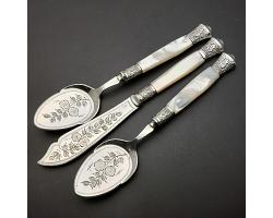 Gorgeous Antique Mother Of Pearl Silver Plated Cream Tea Spoons Set (#60007)