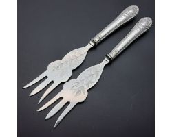 Pair Of Antique Silver Plated Unusual Style Bread Forks (#60054)