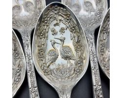 Fab Set Of Stork Bowl Dessert Spoons & Server - Silver Plated 1880 Antique (#60057)