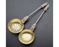 Beautiful Pair Of Apostle Sugar & Cream Ladles Silver Plated Gilt Bowls Antique (#60065)