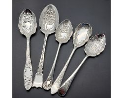 5x Beautiful Antique Silver Plated Jam Spoons - Repousse Work Etc (#60066)