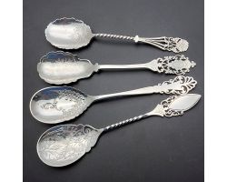 4x Beautiful Antique Silver Plated Jam Spoons - Fretwork Handles Ornate (#60073)
