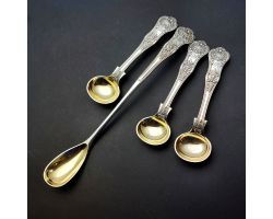 Queens Pattern - Lovely Long Mustard Spoon & Salt Spoons Silver Plated Antique (#60090)