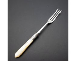 Carved Mother Of Pearl Handle Pickle Fork - Silver Plated - Antique (#60153)