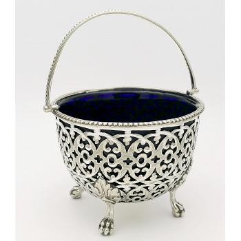 Victorian Silver Plated & Blue Glass Sugar Basket Bowl - Paw Feet (#57077) 1