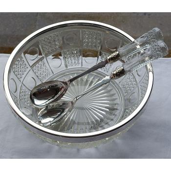 Large Glass & Silver Plated Salad Bowl With Servers - Vintage (#58826) 1