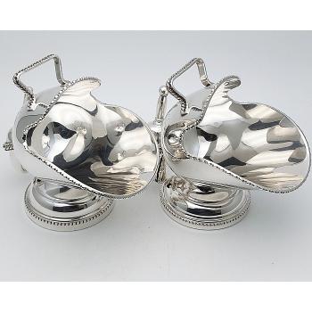 Pair Of Coal Scuttle Sugar Bowls With Scoops - Silver Plated - Vintage (#58847) 1