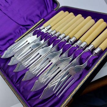 Antique Fish Cutlery Set - Silver Plated - Sterling Ferrules Sheffield 1910 (#59256) 1