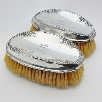 Pair Sterling Silver Initial 'b' Hair Brushes - Chester 1910 - Antique (#59355) 1