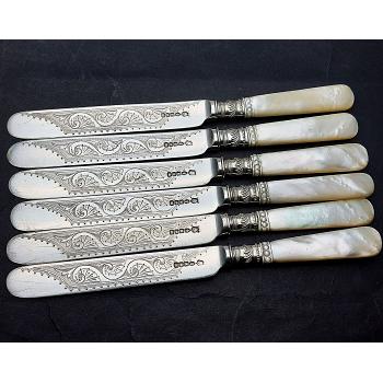 Antique Mother Of Pearl Handled Dessert Knives X6 - Silver Plated (#59405) 1