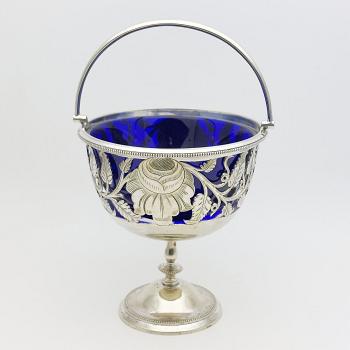 Victorian Silver Plated & Blue Glass Sugar Basket Bowl Antique (#59516) 1
